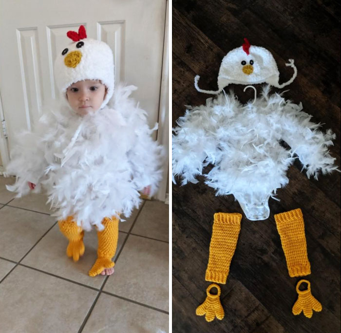 I Finished My Daughter's Halloween Costume With A Crochet Chicken Hat, Leg Warmers, And Chicken Feet