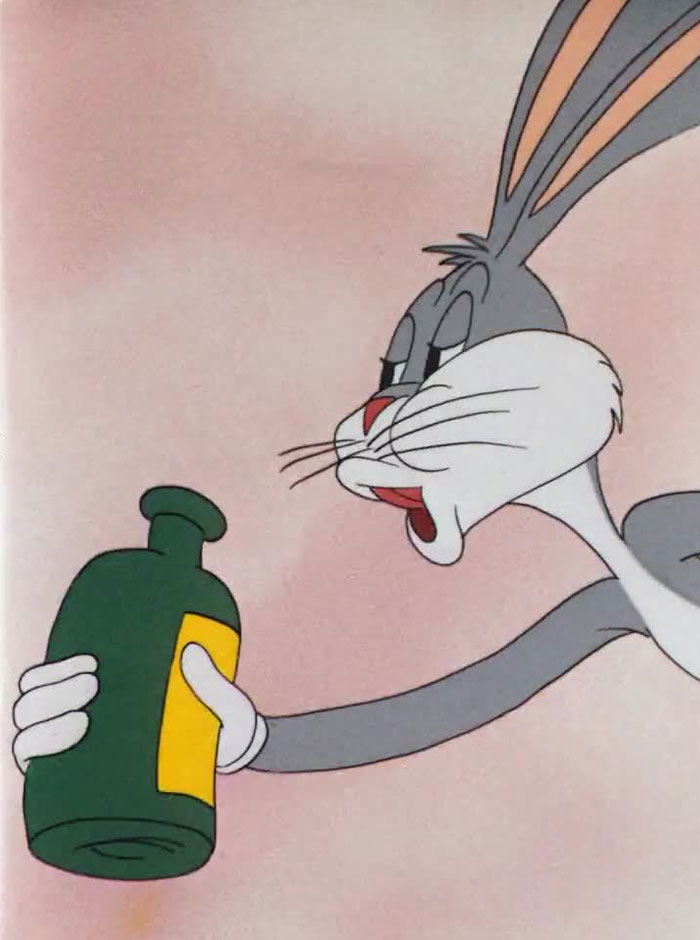  Bugs Bunny holding a green bottle, gazing at it skeptically, with an expression suggesting "no" or disapproval.