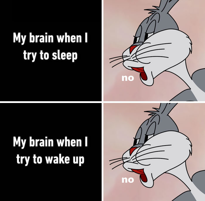 A meme showing two panels of Bugs Bunny saying "no." The top text reads, "My brain when I try to sleep," and the bottom reads, "My brain when I try to wake up."