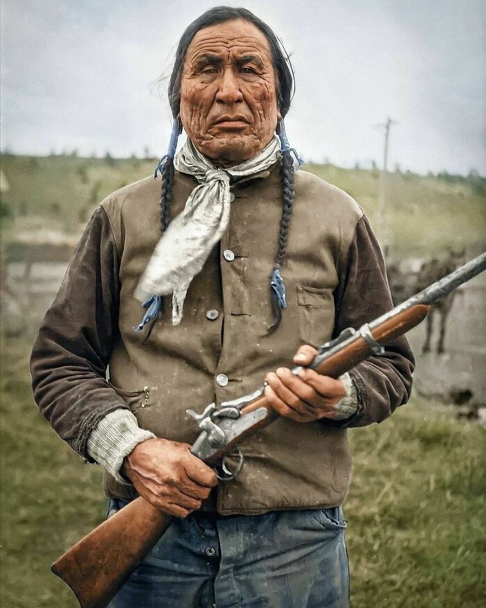 Wooden Leg (1858 - 1940) Photographed Holding A Rifle At Northern Cheyenne Reservation, Montana In 1927