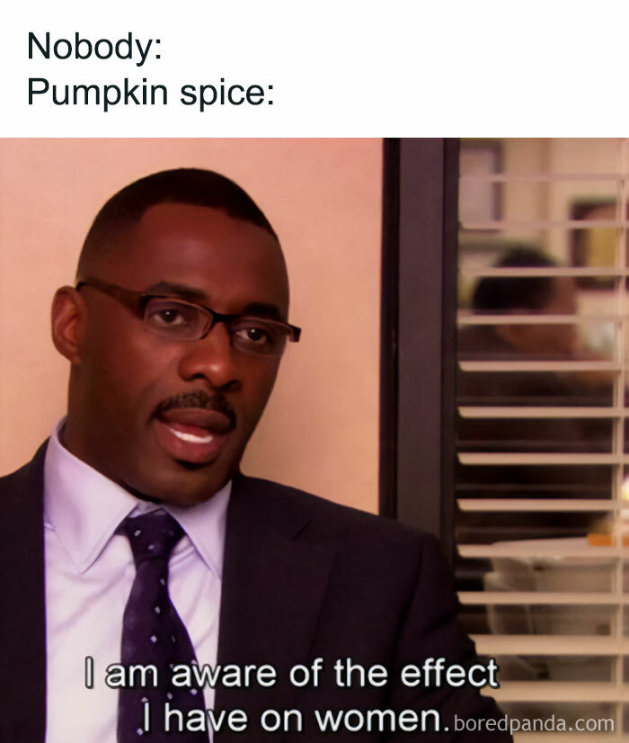 A Fall meme featuring a scene with a person saying, "I am aware of the effect I have on women." The text above reads, "Nobody: Pumpkin spice:" implying its popularity.