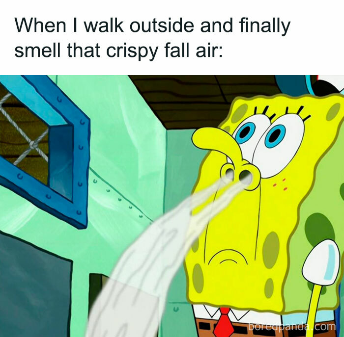 A Fall meme featuring a cartoon character sniffing intensely with wide eyes. The text above reads, "When I walk outside and finally smell that crispy fall air."