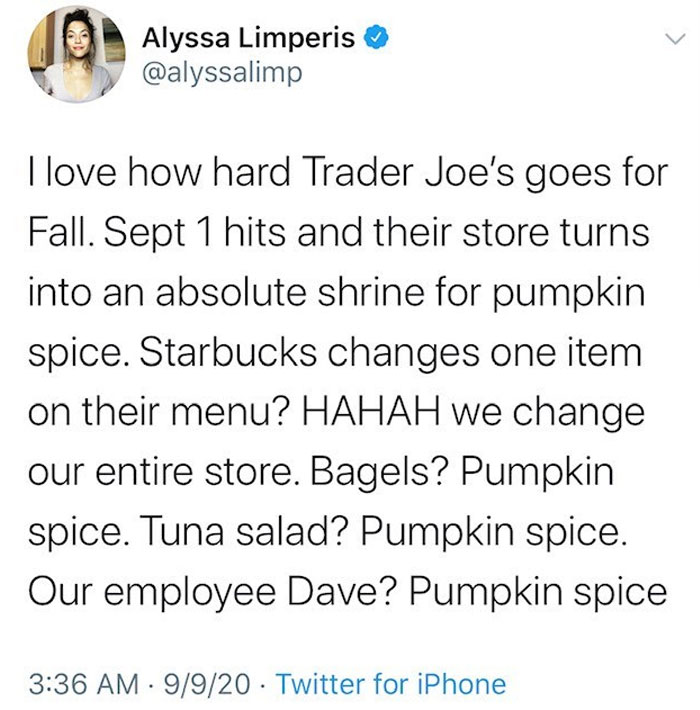 A Fall meme tweet humorously describing how Trader Joe's embraces the season, turning everything into pumpkin spice, including bagels, tuna salad, and even "Dave."