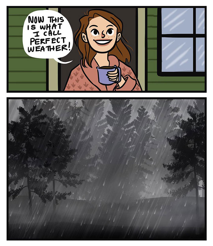 A Fall meme comic showing a person happily holding a mug, saying, "Now this is what I call perfect weather!" Below, a scene of heavy rain and gloomy weather.