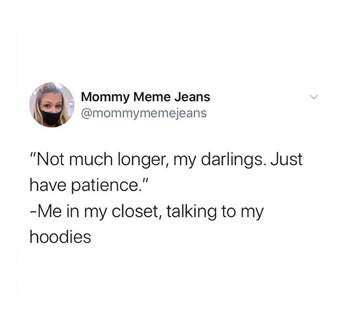 A Fall meme tweet that reads, "Not much longer, my darlings. Just have patience." -Me in my closet, talking to my hoodies," humorously expressing eagerness for cooler weather.