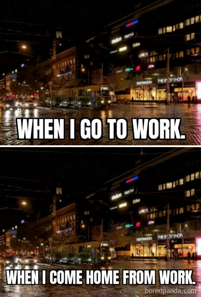 A Fall meme showing the same dark city street scene with captions "When I go to work" and "When I come home from work," highlighting how shorter daylight hours during fall make both commutes feel like nighttime.