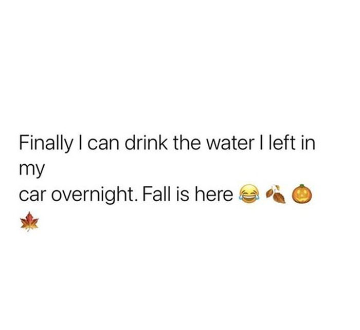 A Fall meme with text that reads, "Finally I can drink the water I left in my car overnight. Fall is here," accompanied by laughing and autumn-themed emojis, humorously celebrating cooler temperatures.