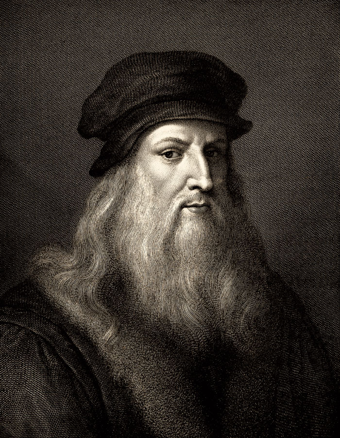 A detailed engraving of the famous artist Leonardo da Vinci, with a long beard, wearing a dark cap, looking serious against a textured background.