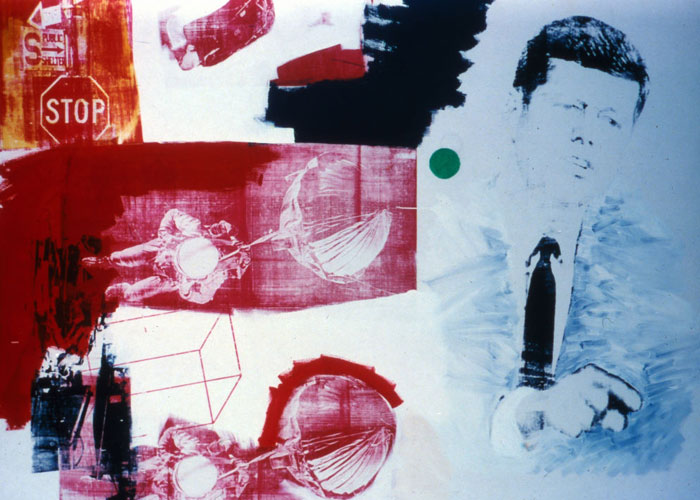 A mixed media artwork by the famous artist Robert Rauschenberg, featuring red and black abstract imagery, a stop sign, and a portrait of John F. Kennedy.