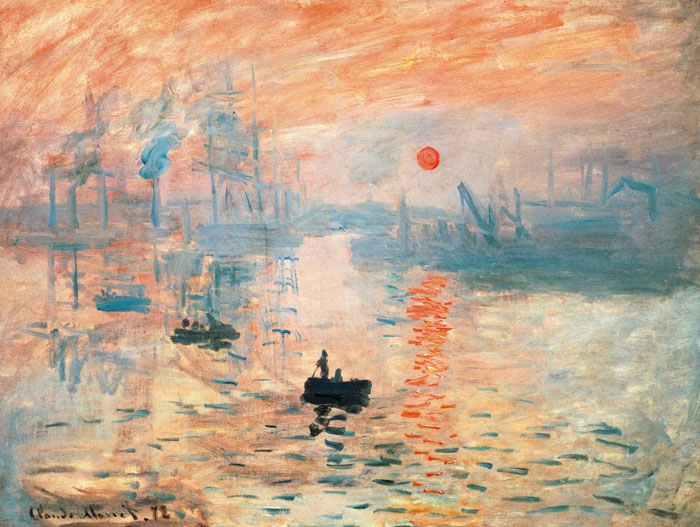 A painting by the famous artist Claude Monet titled Impression, Sunrise, depicting a misty harbor at sunrise with boats and a glowing orange sun.