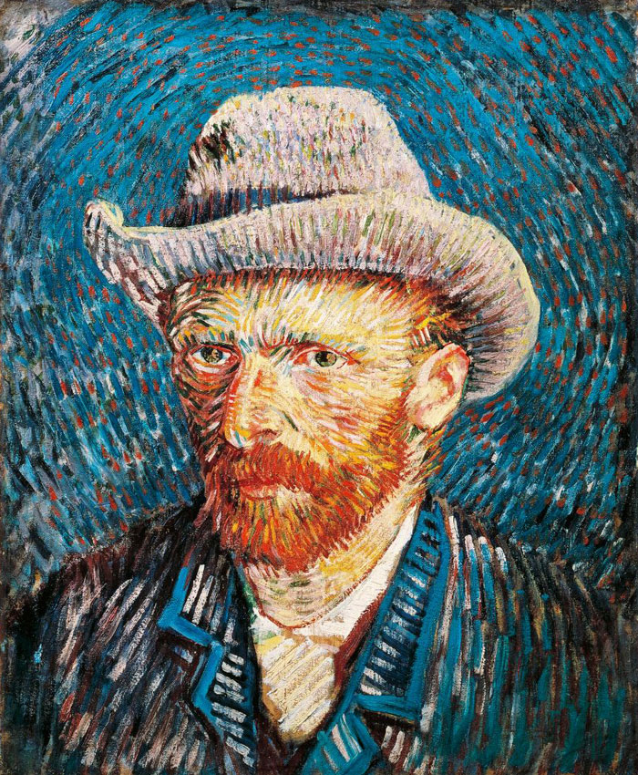 A vibrant self-portrait of the famous artist Vincent van Gogh, wearing a light-colored hat, with bold brush strokes and a swirling blue background.