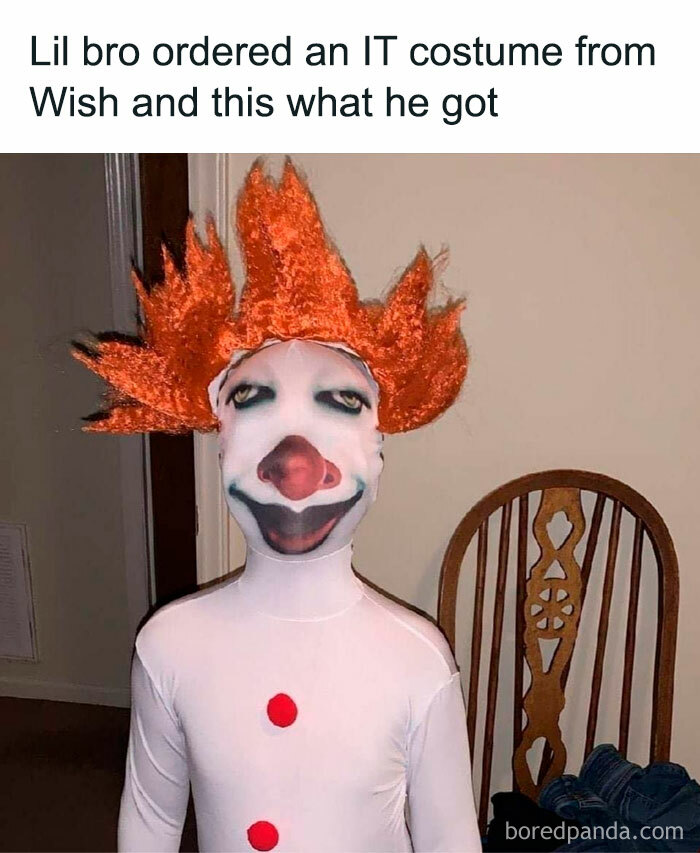 A Halloween meme of a child wearing a poorly made clown costume resembling Pennywise from "IT." The caption above reads, "Lil bro ordered an IT costume from Wish and this what he got." The costume has a stretched, distorted clown face and red wig, creating a comically creepy look.