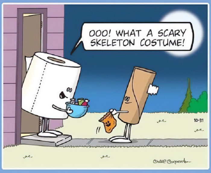 A Halloween meme cartoon featuring a toilet paper roll handing out candy to a paper towel roll dressed in a torn-off piece of paper. The toilet paper roll says, "OOO! What a scary skeleton costume!" as they trick-or-treat. The scene humorously imagines paper products celebrating Halloween.