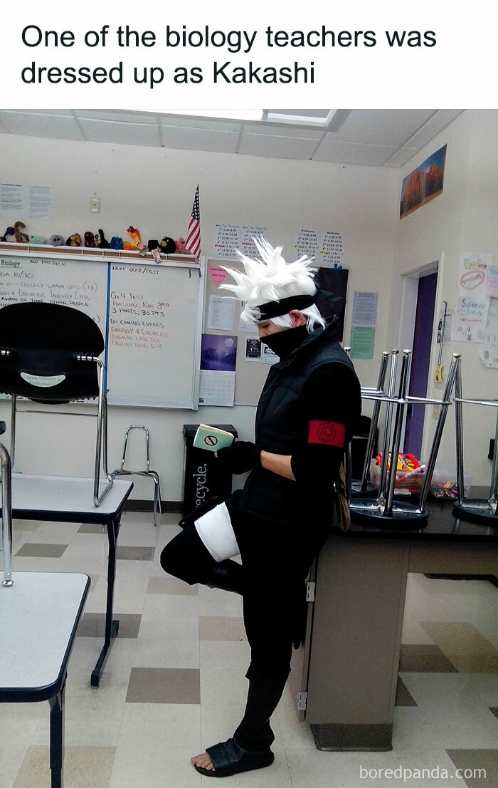 A Halloween meme featuring a biology teacher dressed as the character Kakashi from Naruto, complete with spiky white hair, a mask, and ninja attire. The caption above reads, "One of the biology teachers was dressed up as Kakashi," humorously showing the teacher's commitment to the costume.