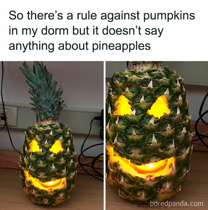 A Halloween meme featuring a carved pineapple lit from the inside like a jack-o'-lantern. The caption above reads, "So there's a rule against pumpkins in my dorm but it doesn't say anything about pineapples," humorously showing a creative workaround to dorm rules.