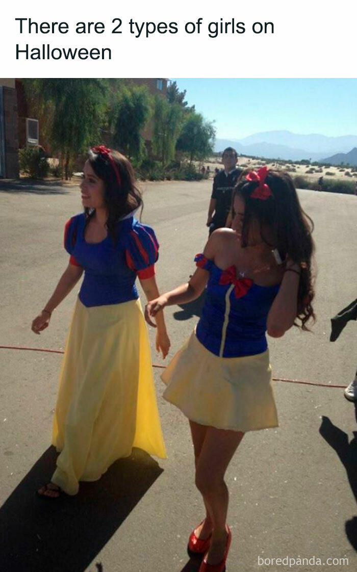 A Halloween meme showing two women dressed in Snow White costumes. One is wearing a traditional full-length costume, while the other is wearing a shorter, more revealing version. The caption reads, "There are 2 types of girls on Halloween," humorously contrasting different styles of Halloween costumes.