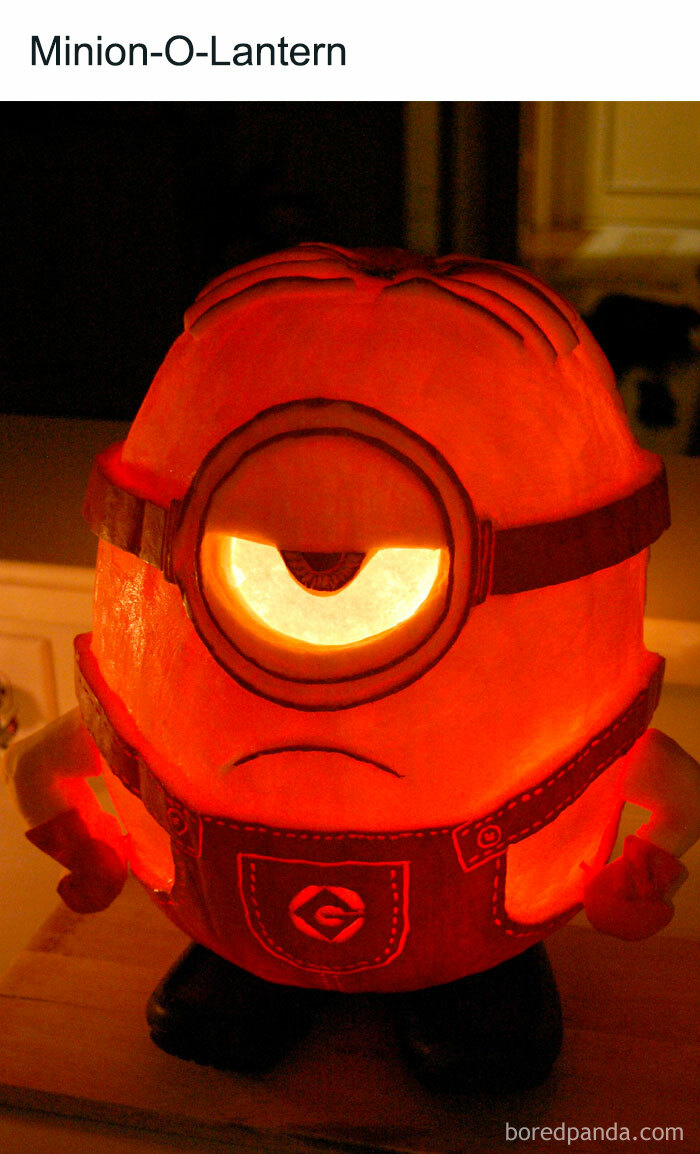 A Halloween meme showing a glowing pumpkin carved to resemble a Minion character with a single eye and overalls. The text above reads, "Minion-O-Lantern."