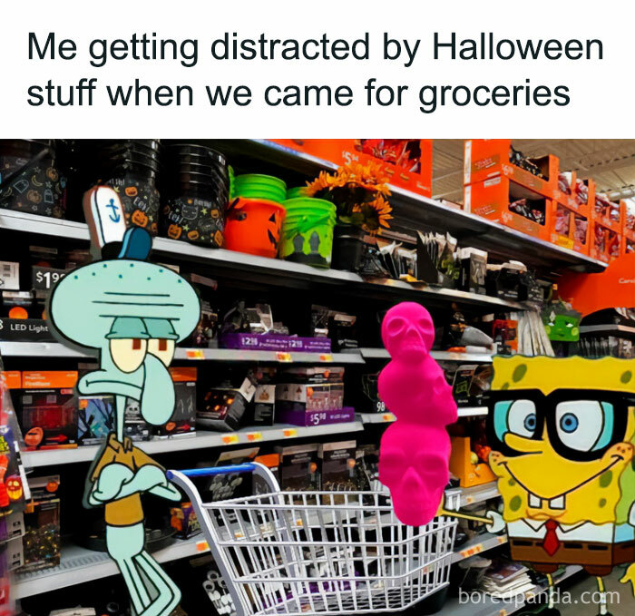 A Halloween meme featuring Squidward looking annoyed while standing beside a shopping cart in a store, as SpongeBob excitedly holds a Halloween decoration. The text above reads, "Me getting distracted by Halloween stuff when we came for groceries."