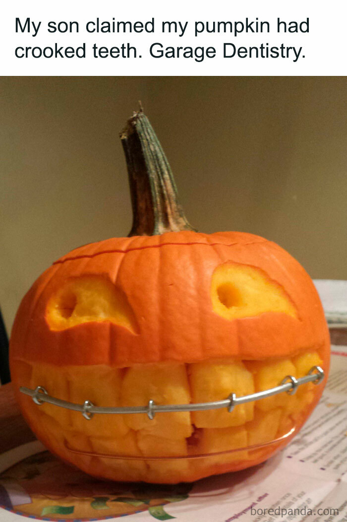 A Halloween meme showing a carved pumpkin with crooked teeth and makeshift braces. The text above the image reads, "My son claimed my pumpkin had crooked teeth. Garage Dentistry."