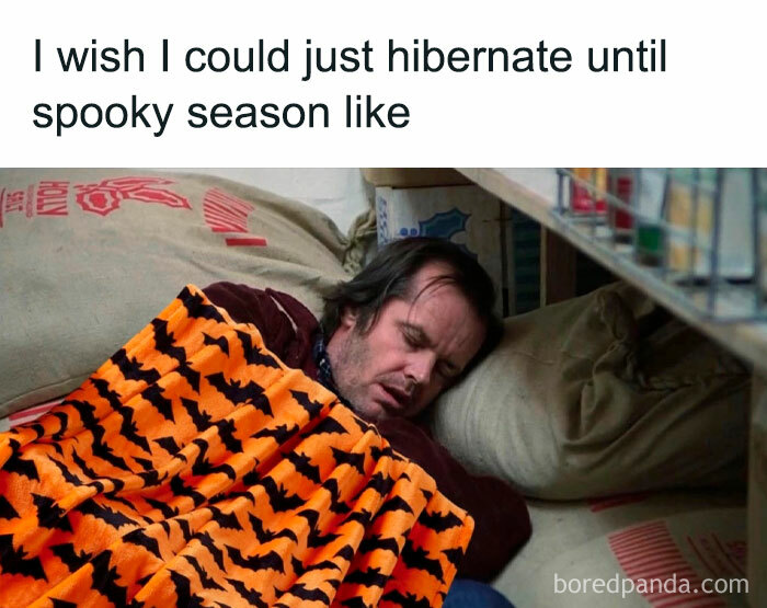 A Halloween meme showing a man sleeping under a Halloween-themed blanket with bat patterns. The text above the image reads, "I wish I could just hibernate until spooky season like."