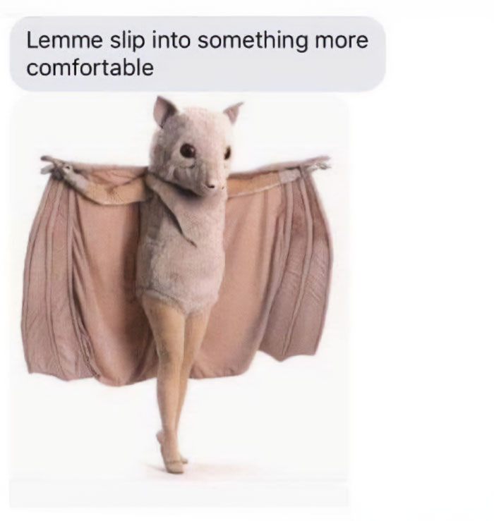 A Halloween meme showing a person in a bizarre bat costume with wings spread out. The text above the image reads, "Lemme slip into something more comfortable," humorously implying the costume is the comfortable outfit.