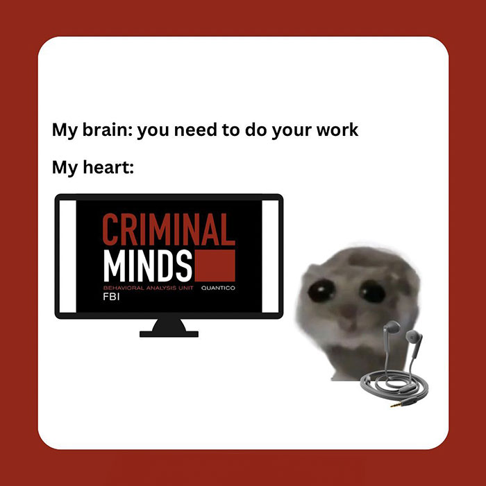 A hamster meme showing a hamster next to earbuds and a screen displaying "Criminal Minds." The text above reads, "My brain: you need to do your work. My heart:"