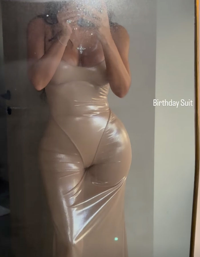 Kim Kardashian Poses In A Daring Latex Bodysuit And See-Through Skirt For Her 44th Birthday