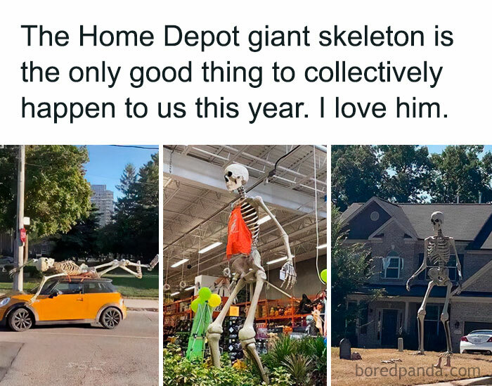 An October meme featuring three images of the Home Depot giant skeleton in various locations. The text reads, "The Home Depot giant skeleton is the only good thing to collectively happen to us this year. I love him," highlighting the fun and joy it brings during Halloween.