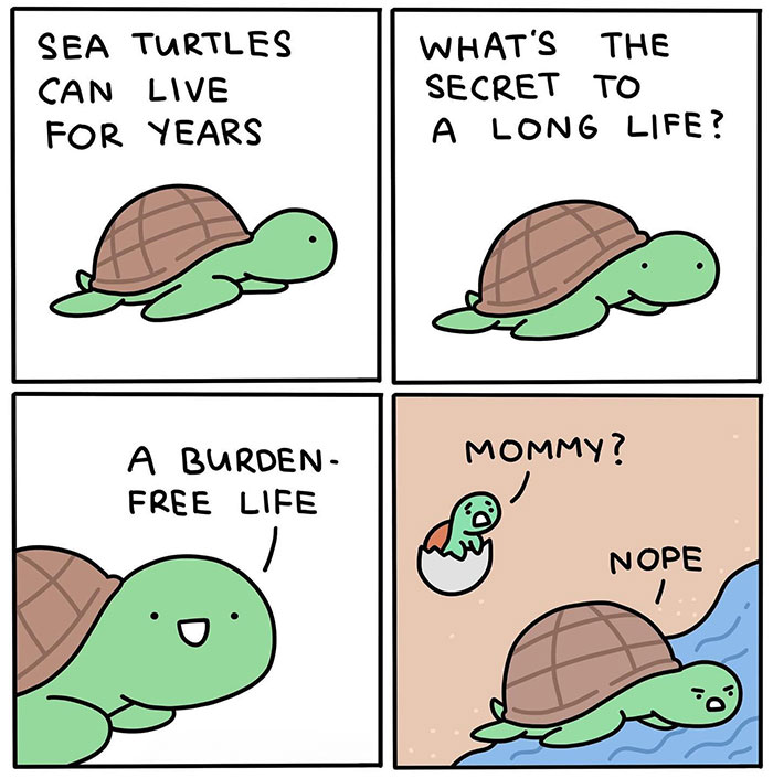  A turtle meme with a sea turtle saying the secret to a long life is "a burden-free life," while ignoring a baby turtle calling "Mommy."