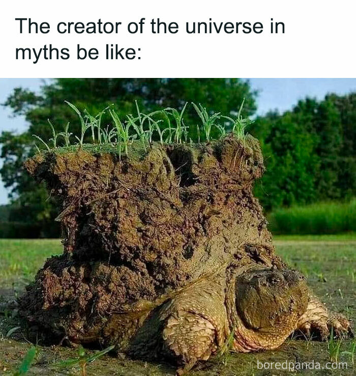 A turtle meme featuring a turtle carrying a clump of soil and grass on its back. The text above reads, "The creator of the universe in myths be like."