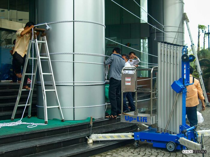 Employees Of Buildings And Companies Are Blocking Entrances With Ropes And Other Construction Materials