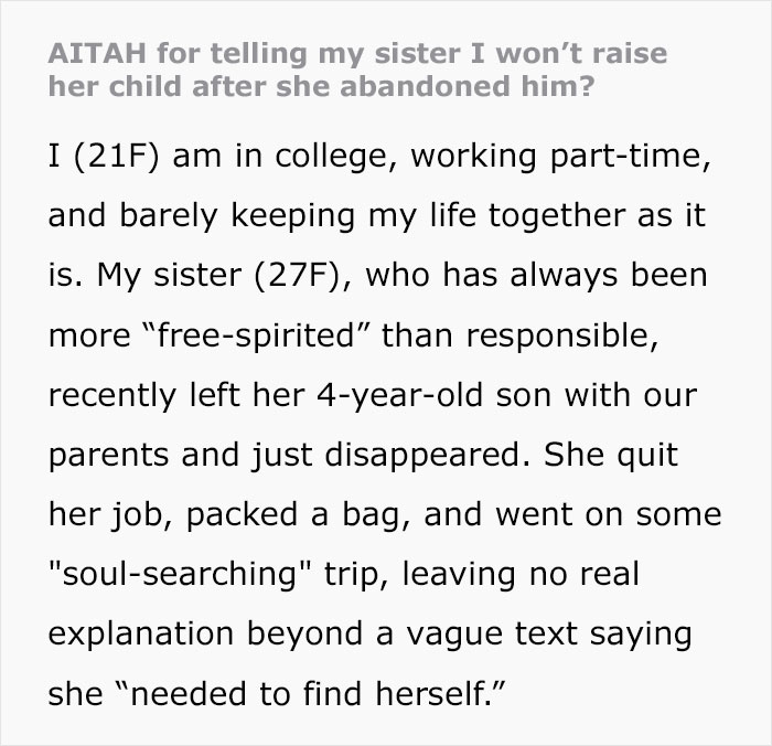 “[Am I The Jerk] For Telling My Sister I Won’t Raise Her Child After She Abandoned Him?”