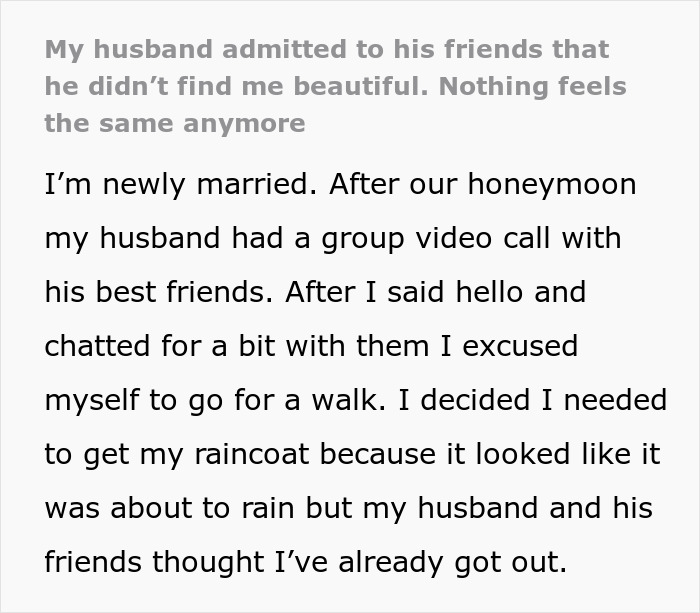 Newlywed Learns Husband Doesn’t Find Her Attractive After Eavesdropping On His Conversation