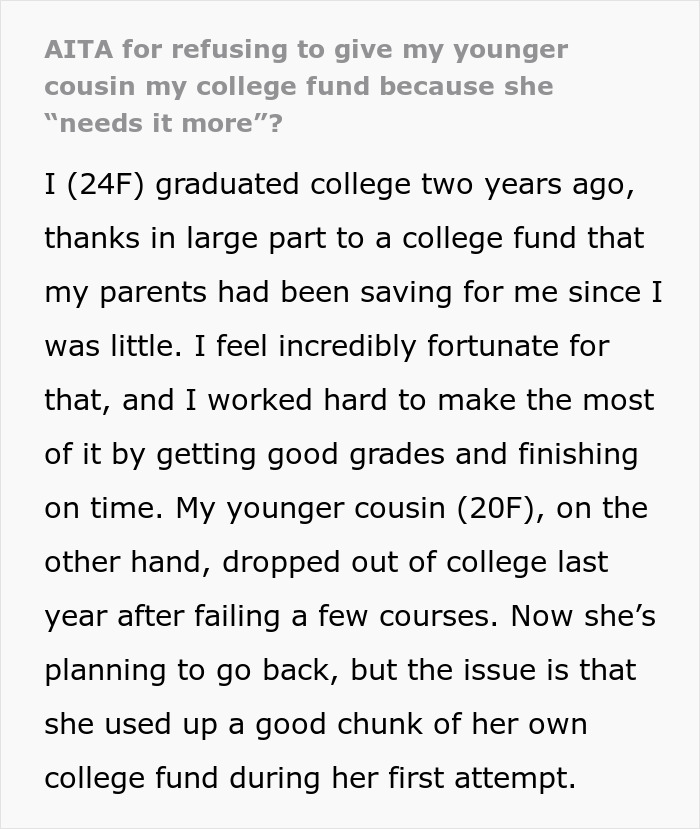 “AITA For Refusing To Give My Younger Cousin My College Fund Because She ‘Needs It More’?”