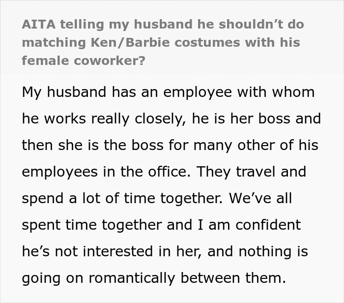 “AITA For Telling My Husband He Shouldn’t Do Matching Ken/Barbie Costumes With His Female Coworker?”