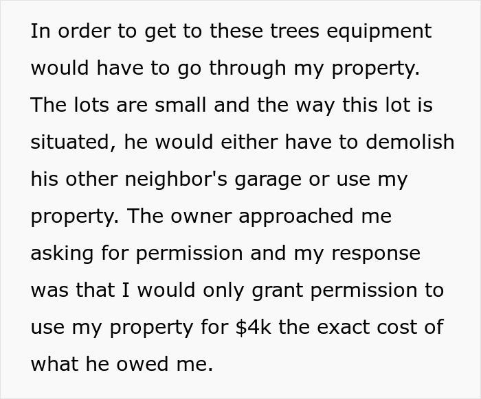 Text explaining a scenario where a homeowner charges $4K for property access.