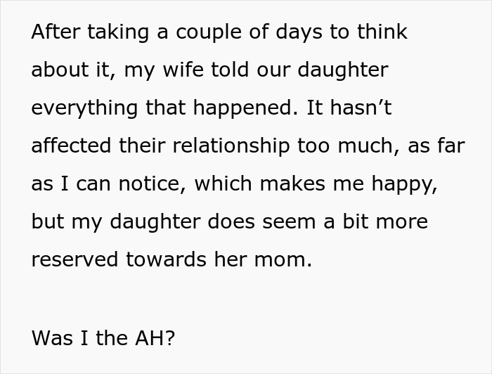 Text about a man's reflection on forgiving his wife's affair, discussing their daughter's reaction.