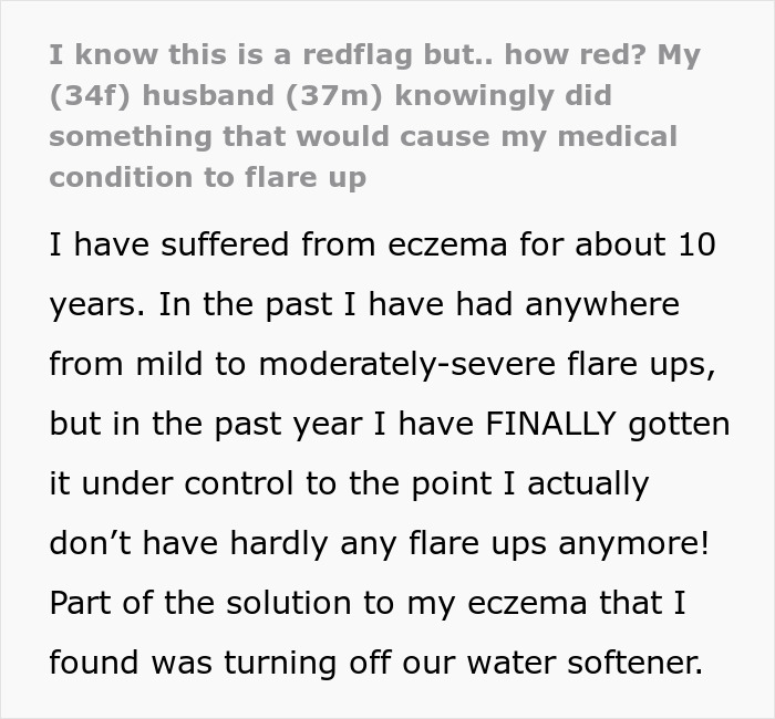 Woman Suspects Hubby Turned On Soft Water To “Test” Her Eczema, Worries About Her Marriage