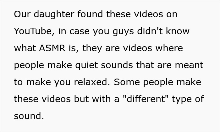 Text about discovering ASMR videos on YouTube, used during a family conversation.