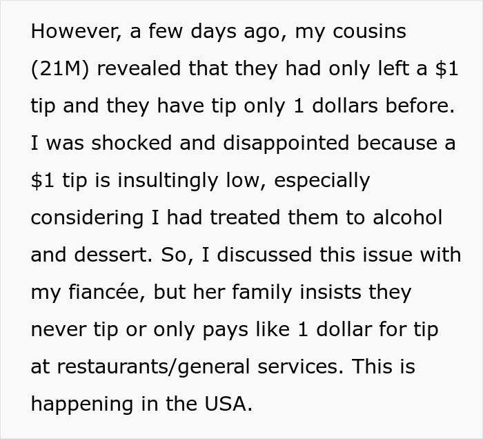 Text description discussing a man's frustration with fiancée's family tipping only $1, impacting his decision on dining.