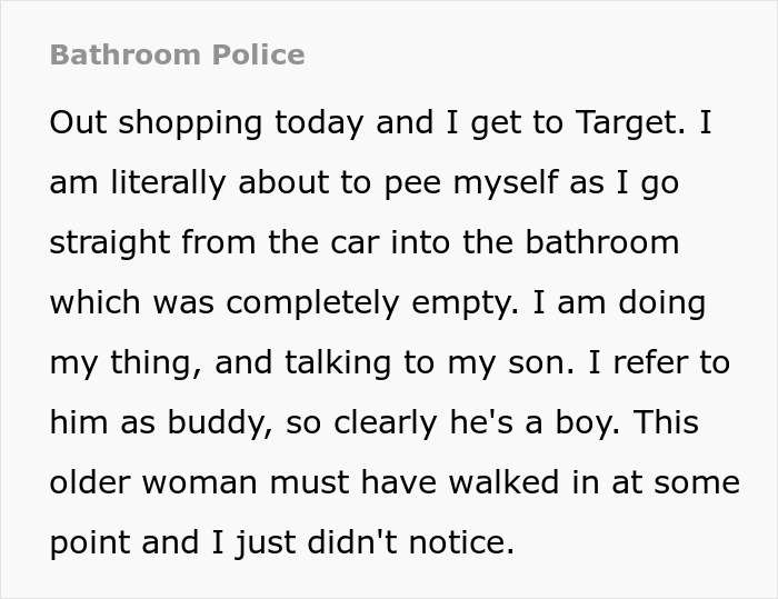 Raging Woman Demands Two-Year-Old “Man” Be Thrown Out Of Bathroom, Regrets It