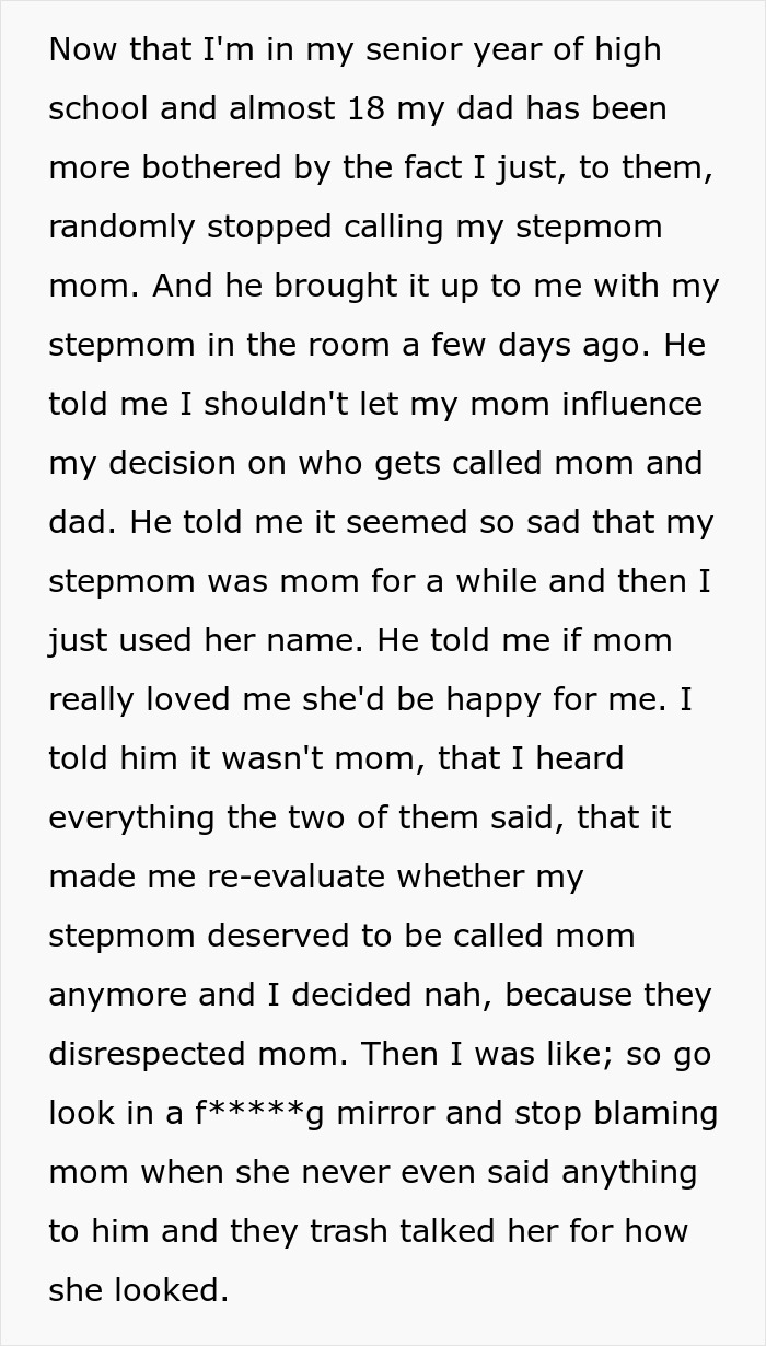 Dad, Stepmom Mock Teen’s Bio Mom, Kid Overhears Them, Quits Calling Stepmom “Mom” For Good