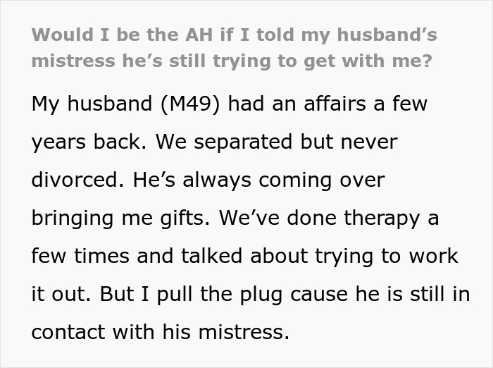 Husband Tries To “Fix” Marriage While Cozying Up To Mistress, Wife Has Had Enough