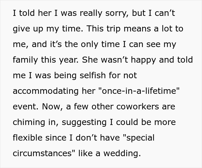 Person Plans Vacation Almost A Year In Advance, Is Chastised For Refusing To Switch With A Bride