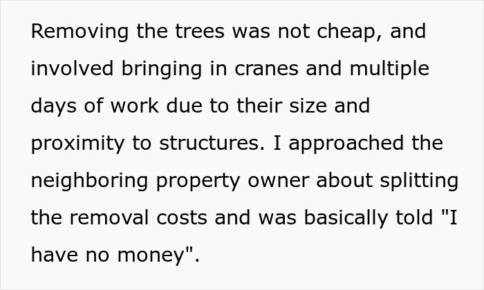 Text explaining tree removal costs and a neighbor's refusal to pay.