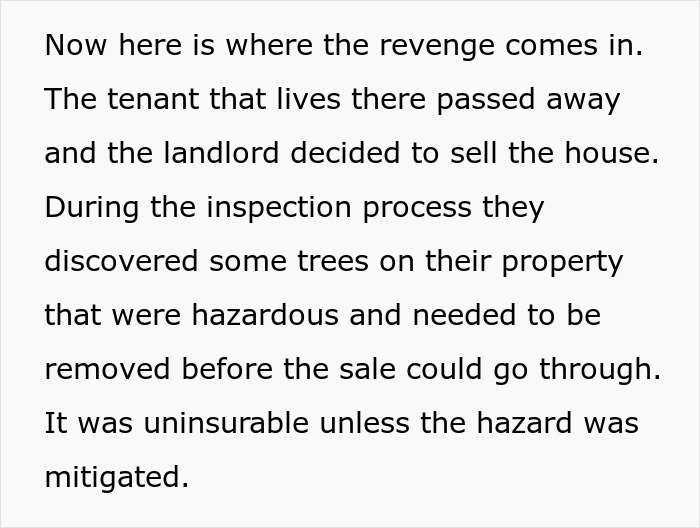 Text describing inspection issues with trees on a property affecting a landlord's sale.