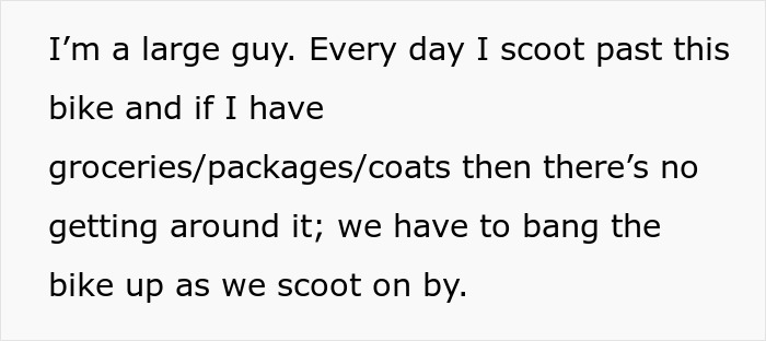 Guy Sick Of Lady's Bike Blocking Hall, Gets It Removed By Property Management As She Won't Listen