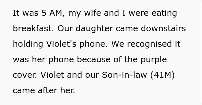 Text excerpt about a family breakfast at 5 AM, involving a mother's failed scolding attempt.