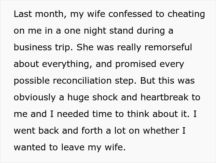 Text detailing a husband's emotional struggle after wife’s confessed affair.