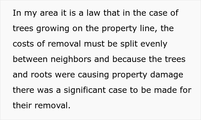 Text about property law and cost-sharing for tree removal between neighbors due to property damage.